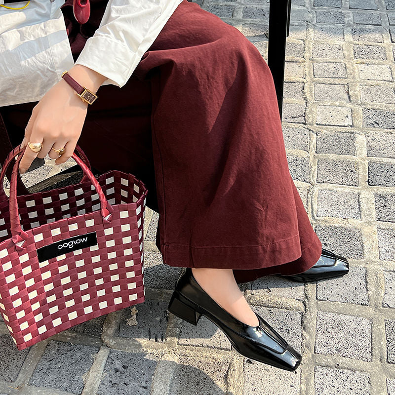 Karin Luna In Stock Spot Goods  Retro Full Leather Square Toe Shallow Mouth Single Shoes