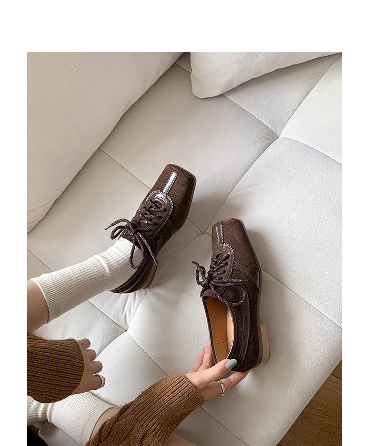 Karin Luna In Stock Spot Goods   Pig Nose Thin Strap Square Toe Patchwork Single Shoes