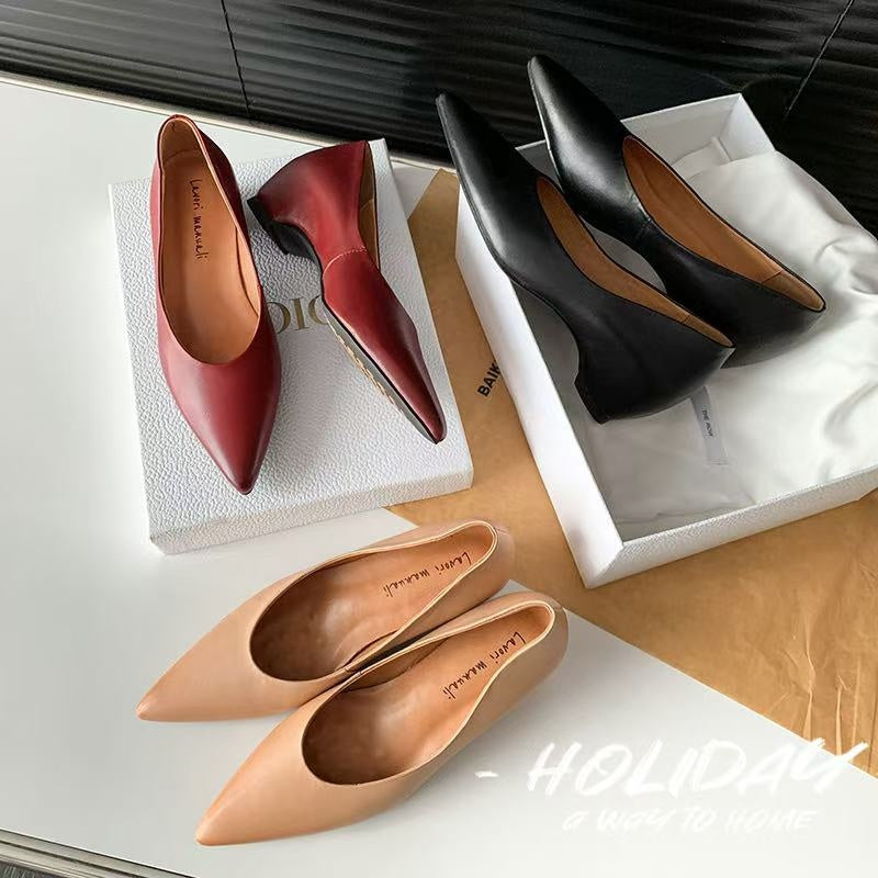 Karin Luna Full Layer Inside and Out~Basic Versatile Retro French Pointed Toe Irregular Heel Single Shoes