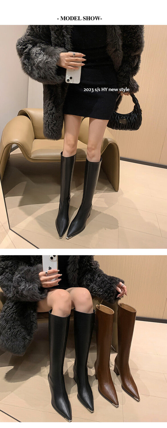Karin Luna In Stock  In Stock Elegant Metal Pointed Toe Chunky Heel Full Cowhide Leather Riding Boots