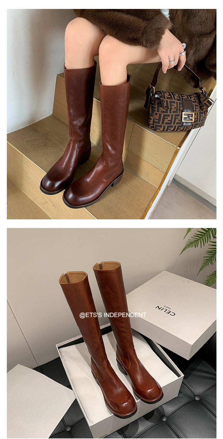Karin Luna Basic Versatile Style Round Toe Chunky Heel Long Boots