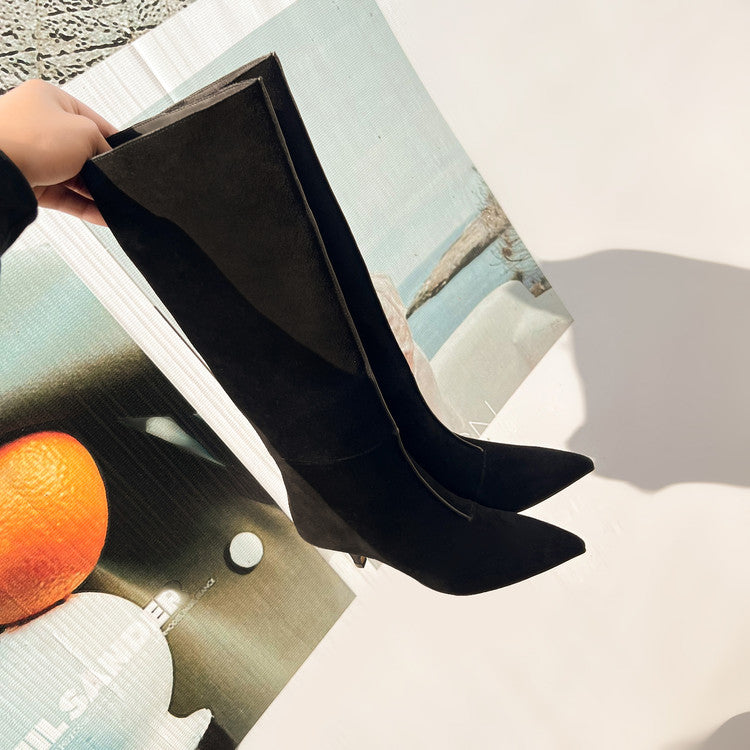 Karin Luna In Stock Spot Goods Retro Cowhide Pointed Toe Stiletto Elegant Long Boots