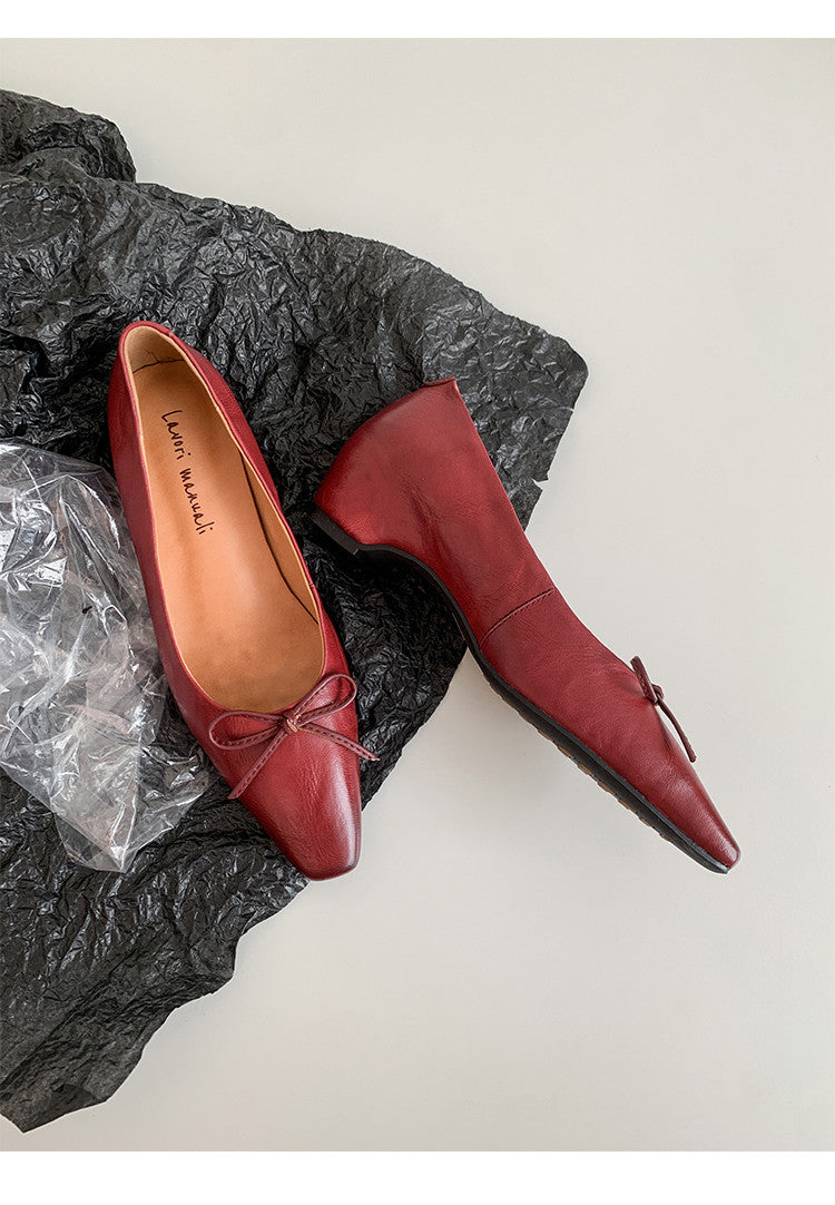 Karin Luna Full Layer Inside and Out~Basic Versatile Small Square Toe Butterfly Knot Irregular Heel Single Shoes