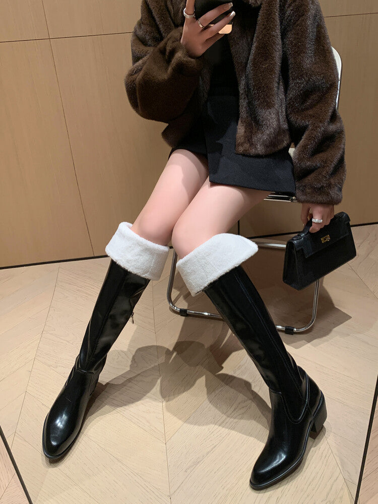 Karin Luna exploded  Three versions exploded Single Fleece Lining Fur Collar Version  Thick Fur Collar Foldable Hot-Selling Full Cowhide Pointed Toe Chunky Heel Classic Style