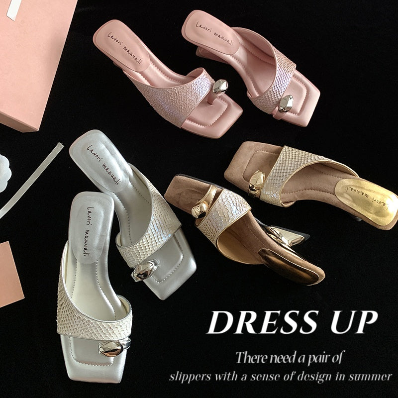 Karin Luna Fish Skin Series~Minimalist Square Toe Popular Irregular Heel Slippers