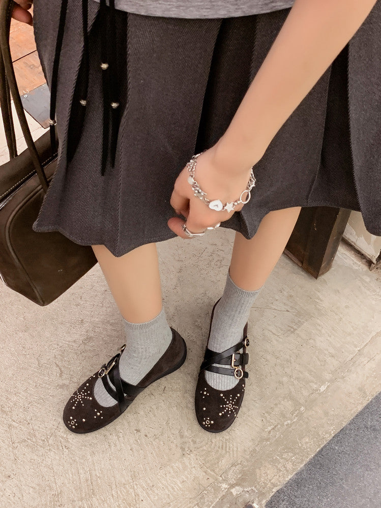 Karin Luna In Stock Spot Goods Studded Rivet Hidden Wedge Mary Jane Shoes