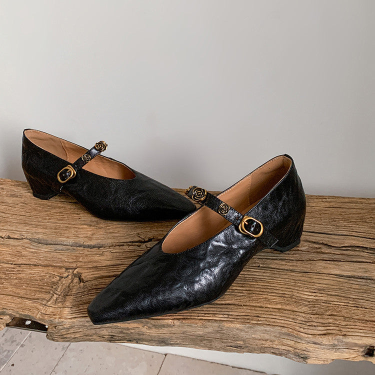 Karin Luna In Stock Spot Goods    Retro Classic Metal Camellia Irregular Heel Single Shoes