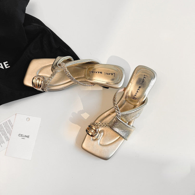 Karin Luna Braided Style ~Cross Strap Square Toe Irregular Heel Slippers