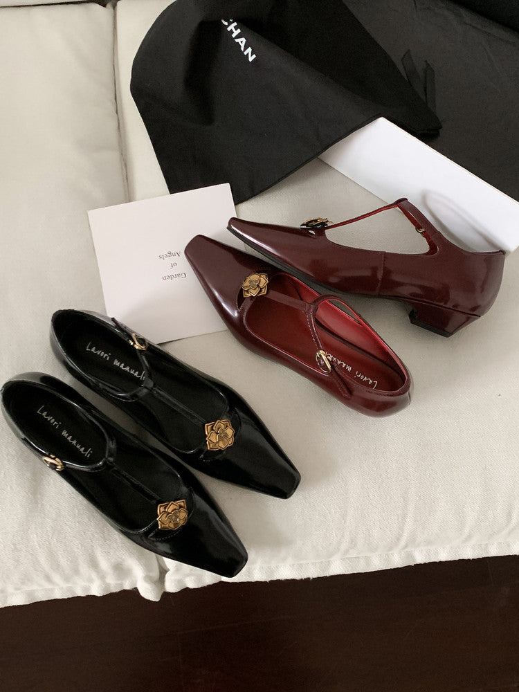 Karin Luna In Stock Spot Goods    Retro Classic Metal Camellia Irregular Heel Single Shoes