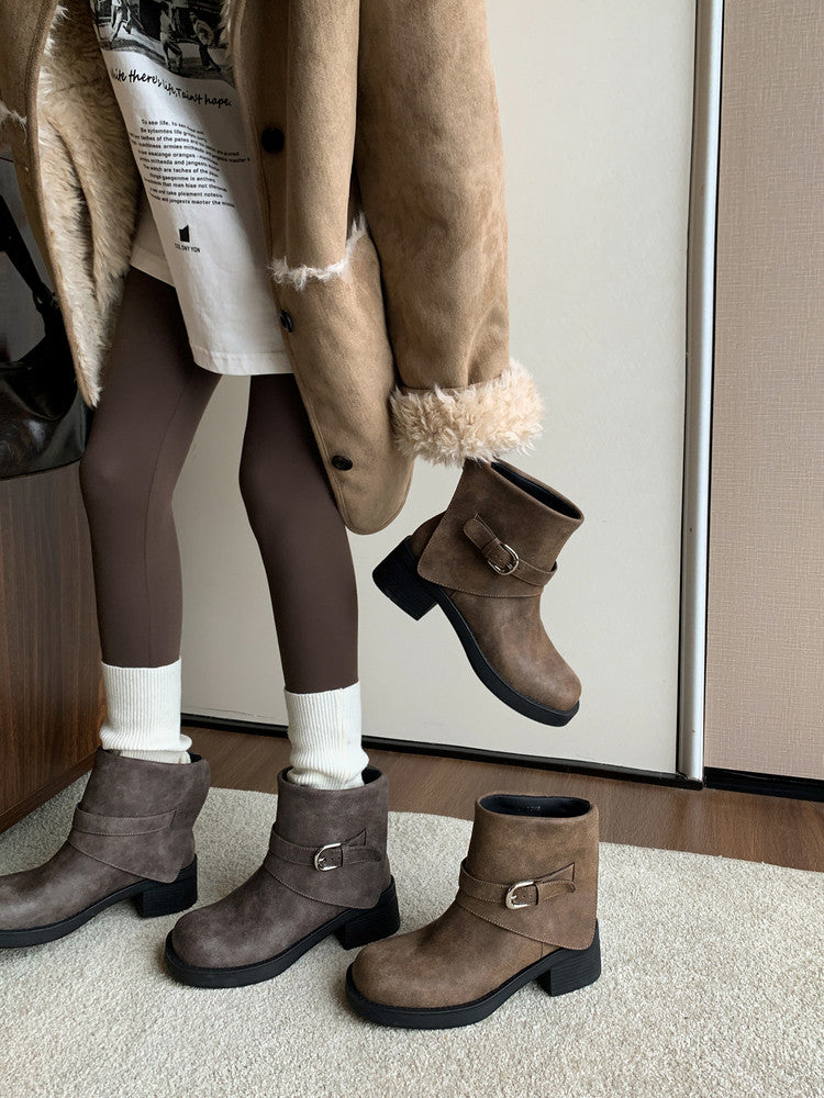 Karin Luna In Stock Spot Goods Versatile Basic Round Toe Belt Buckle Thick Sole Tube Boots