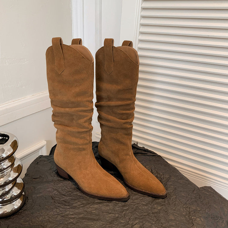 Karin Luna Elegant Style  Pointed Toe Wrinkled Wide Western Boots