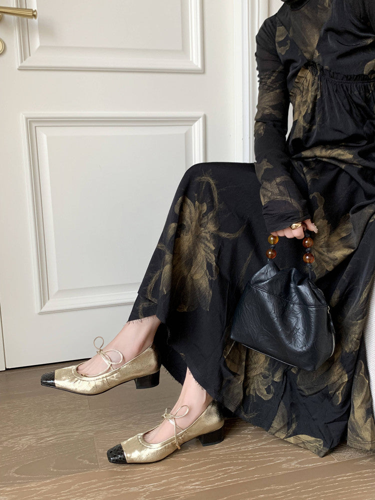 Karin Luna In Stock Spot Goods  Retro Sweet Bowknot Granny Wrinkled Single Shoes