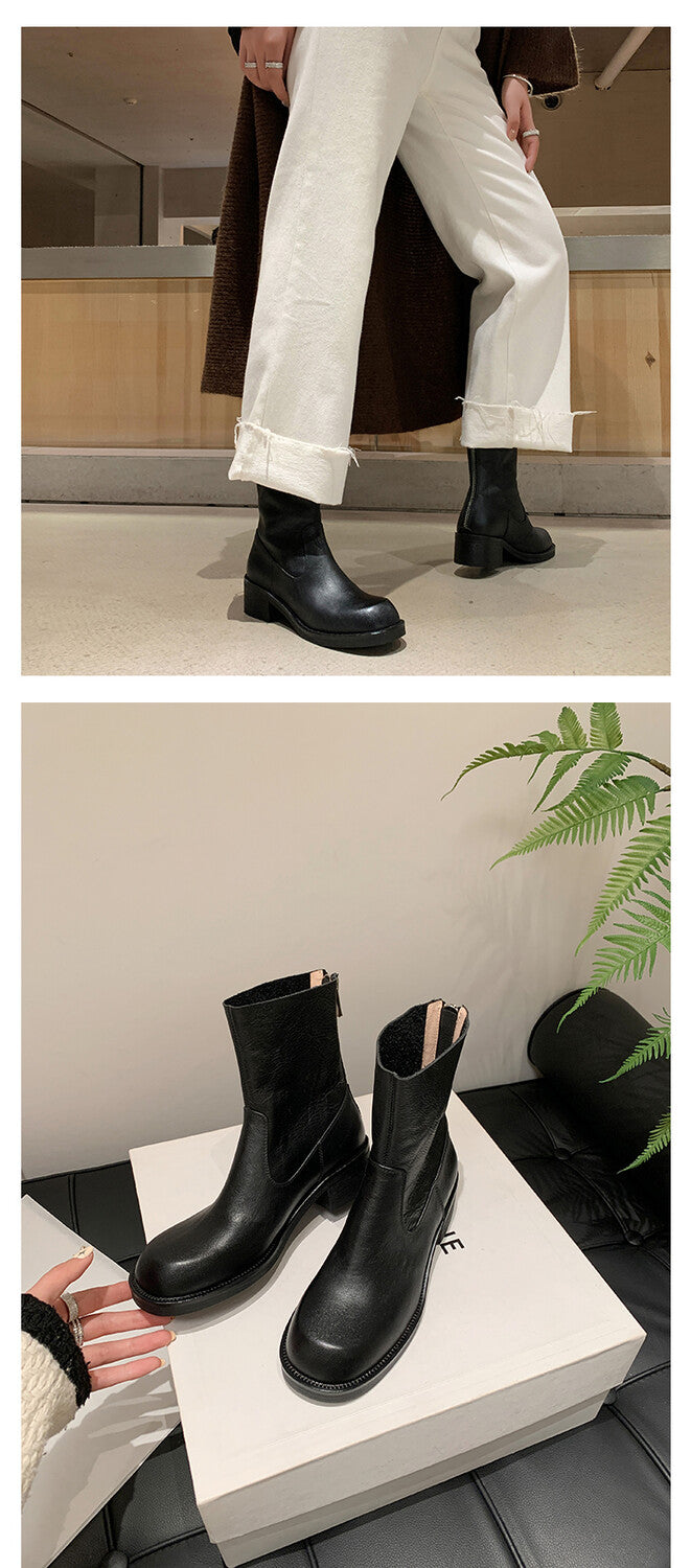 Karin Luna In Stock Spot Goods  Full-grain leather inside and out   Minimalist Texture  Round Toe Flat Bottom Basic Short Boots