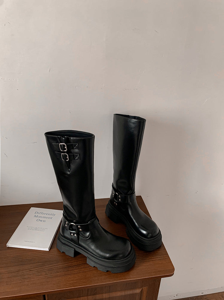 Karin Luna In Stock In Stock  Classic Casual Style Belt Buckle Thick Sole Round Toe Knight Boots Thick Sole