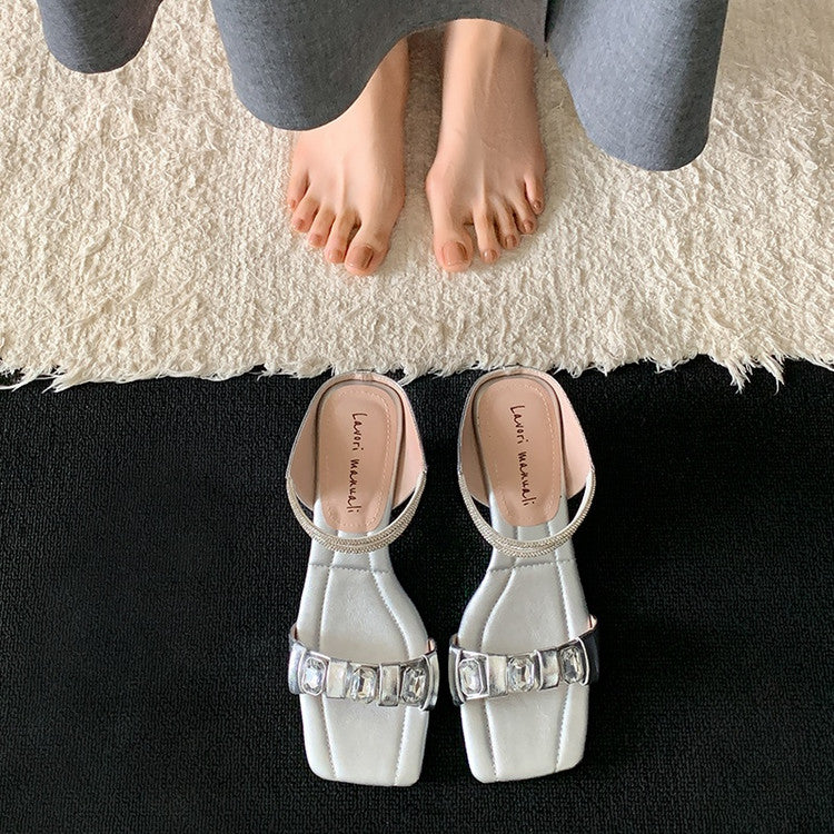 Karin Luna Bestseller Popular Rhinestone Ribbon Square Toe Slippers