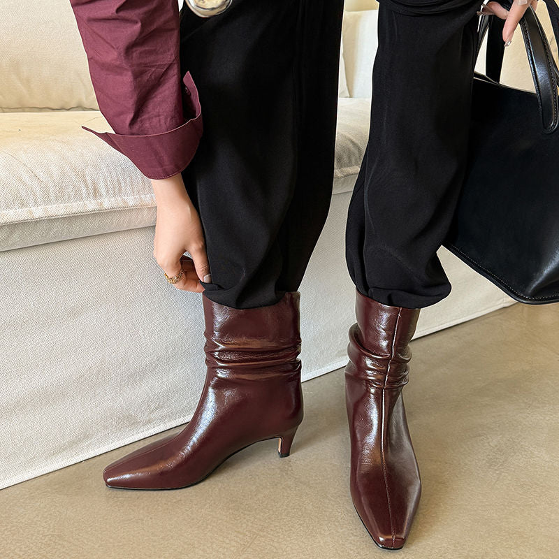 Karin Luna In Stock Spot Goods  Retro Wrinkled Small Square Toe Short Boots