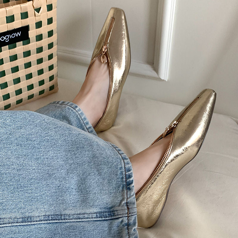 Karin Luna In Stock In Stock ~Basic Versatile Light Luxury Zipper Small Square Toe Flats