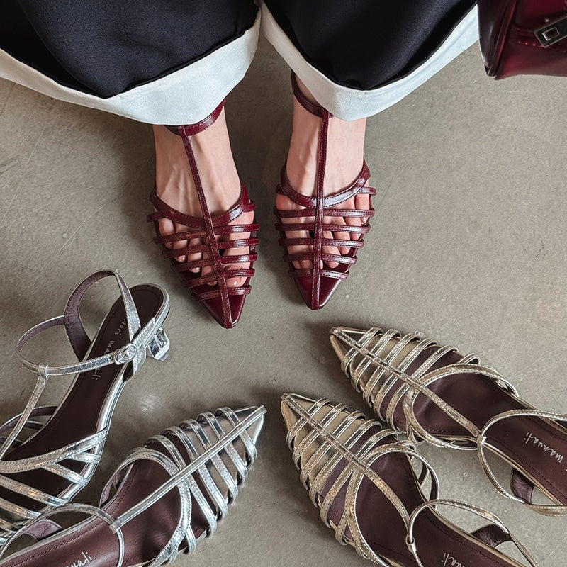 Karin Luna French Hollow Toe Metal Heel Elegant Sandals