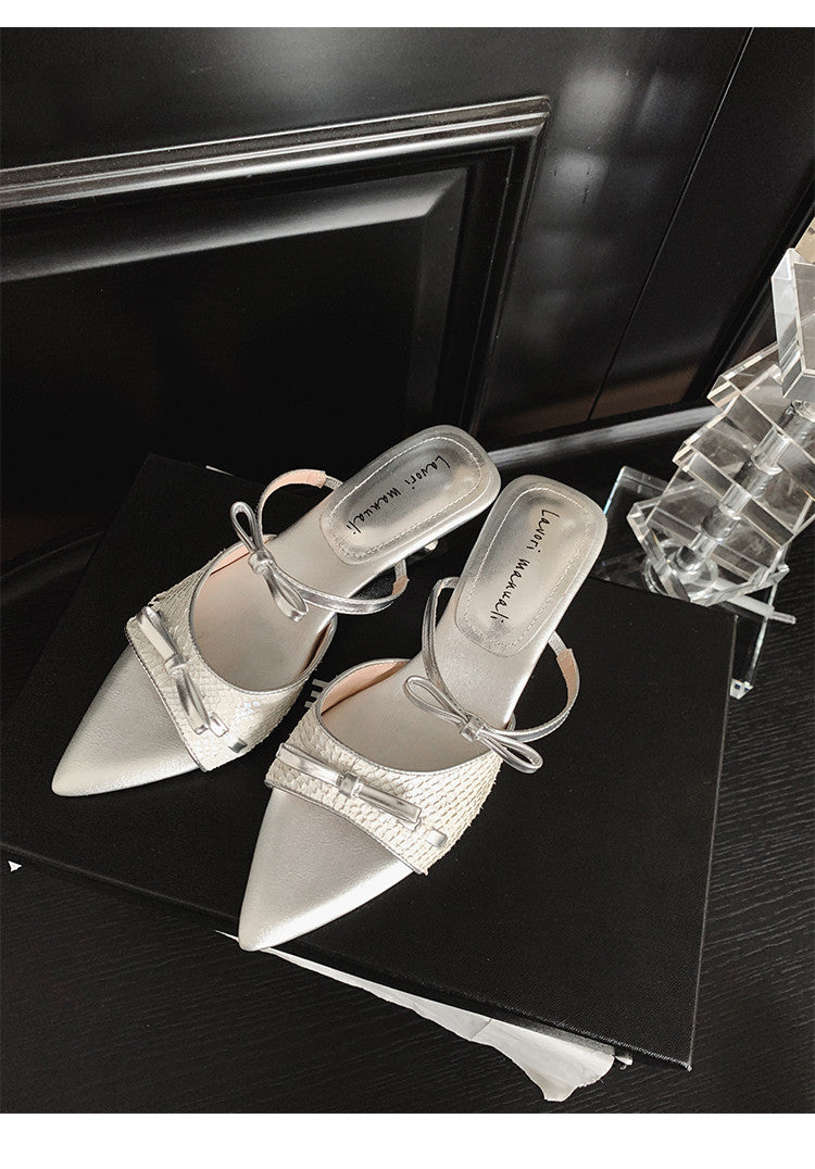 Karin Luna Fish Skin Series~Pointed Toe Irregular Heel Bowknot Strap Slippers