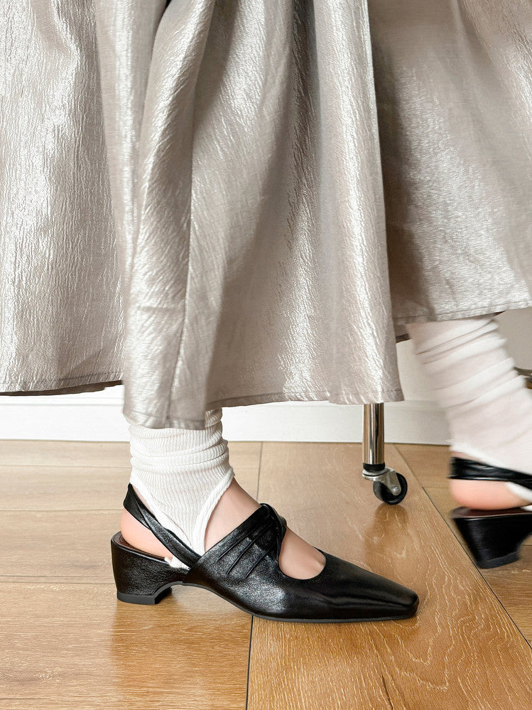 Karin Luna In Stock  Spot Goods Small Square Toe Wrinkled Chunky Heel Closed-Toe Sandals