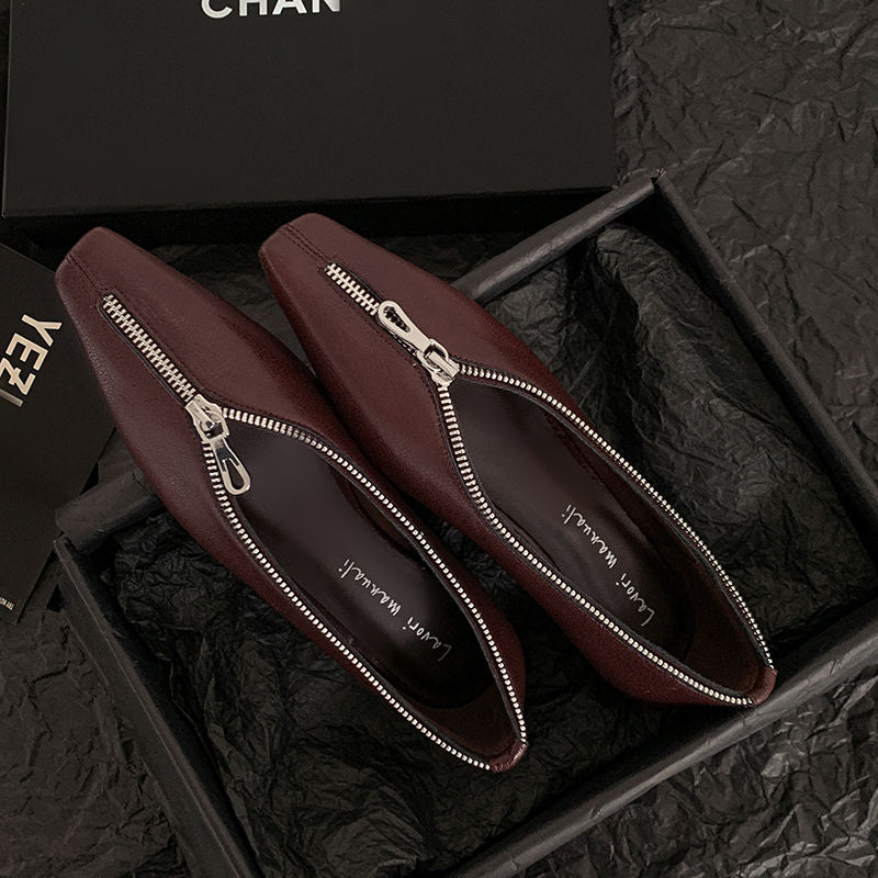 Karin Luna In Stock In Stock ~Basic Versatile Light Luxury Zipper Small Square Toe Flats