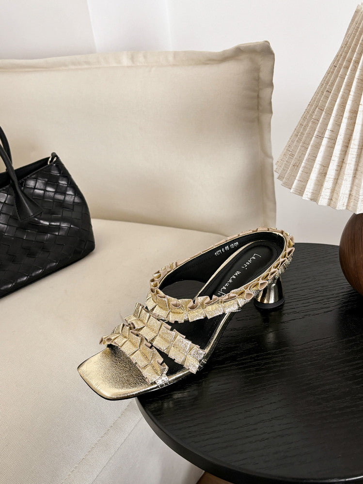 Karin Luna In Stock  Spot Goods  Unique Square-Toe Pleated Lace Sandals