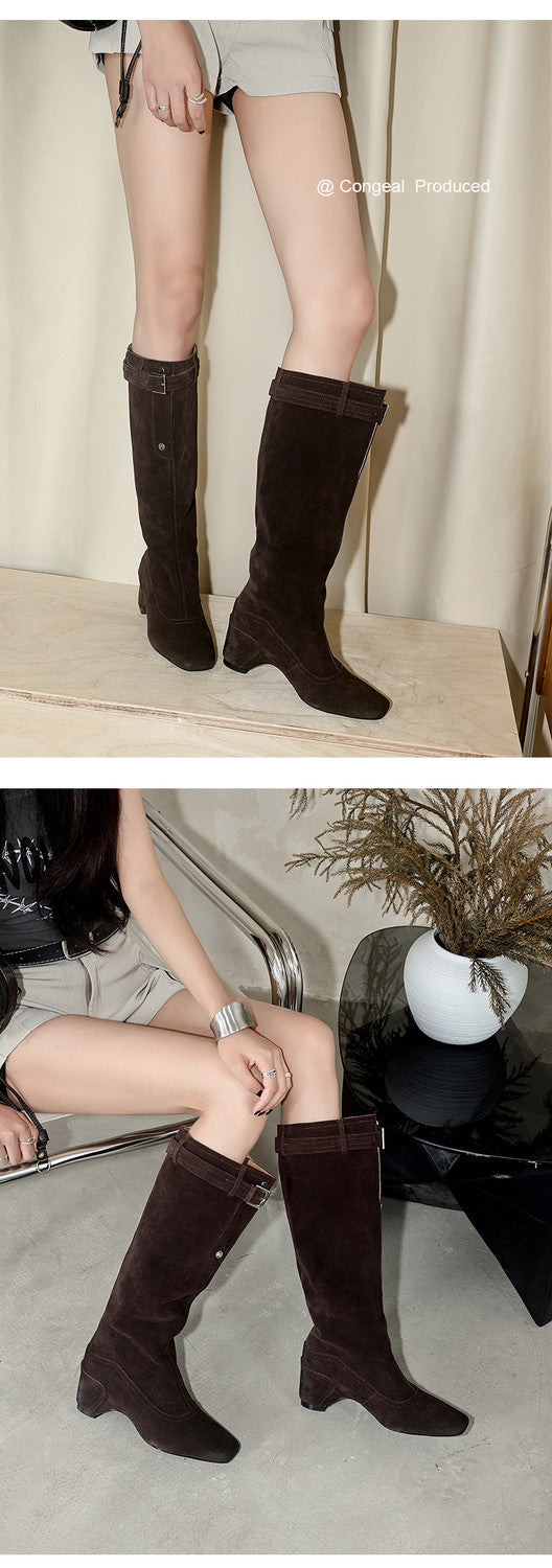 Karin Luna Belt Buckle Elegant Chunky Heel Suede Western Boots