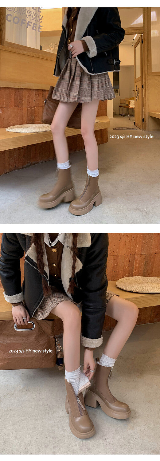 Karin Luna Basic Bestseller Timeless Thick Fur Lined Round Toe Thick Sole Cowhide Snow Boots