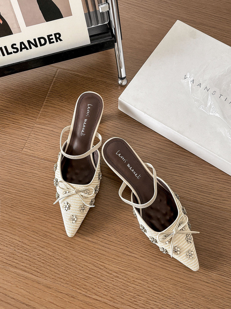 Karin Luna In Stock Spot Goods  Elegant Floral Pointed Toe Rhinestone Slippers
