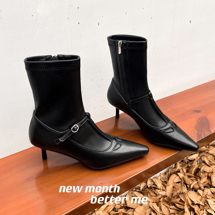 Karin Luna In Stock Spot Goods Elegant Stiletto Pointed Toe Side Zipper Short Boots