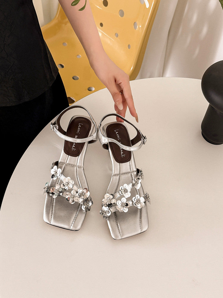 Karin Luna In Stock Spot Goods All the Best Square-Toed Sequin Flower Sandals