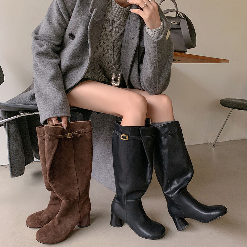 Karin Luna In Stock In Stock Mango Head Large Tube Belt Buckle Chunky Heel Long Boots