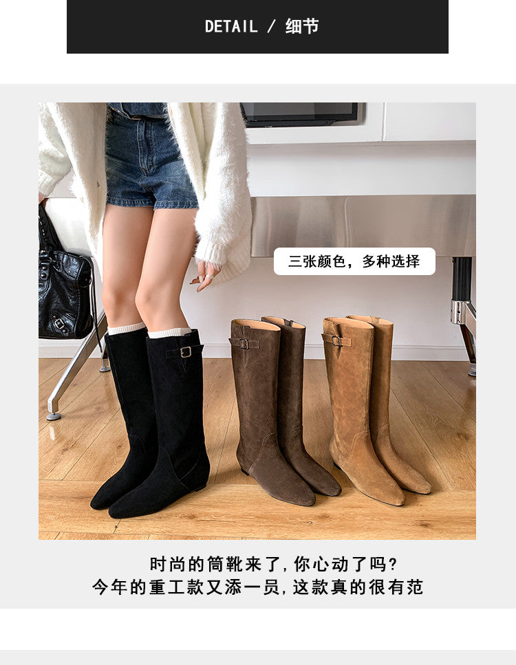 Karin Luna In Stock Spot Goods Vintage Cowhide Leather Chunky Heel Height Increasing Long Boots