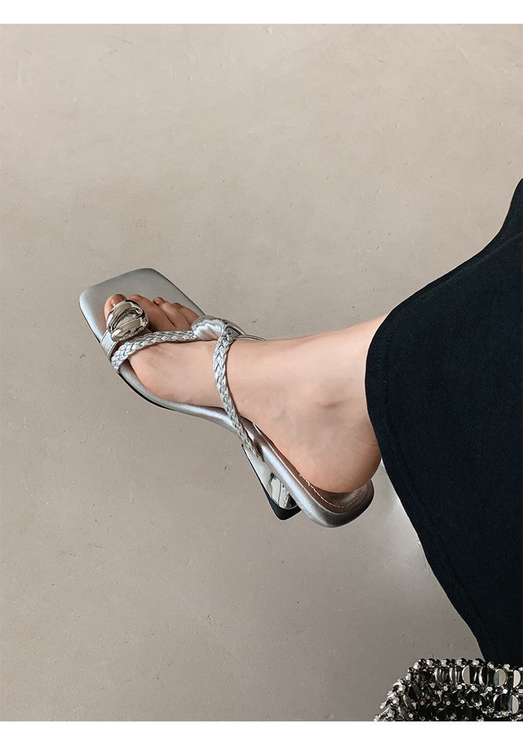 Karin Luna Braided Style ~Cross Strap Square Toe Irregular Heel Slippers