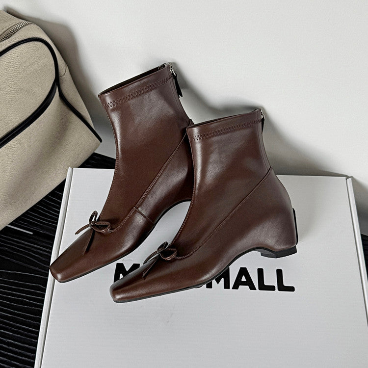 Karin Luna French Style Square Toe Bowknot Hidden Wedge Slim Boots