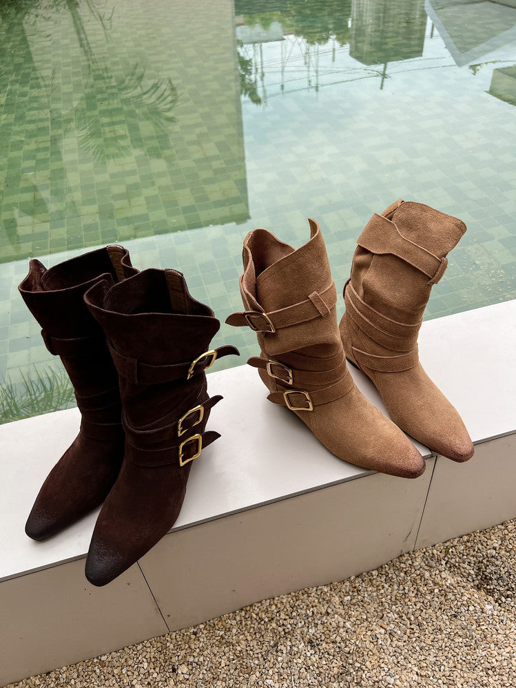 Karin Luna Height-Increasing Suede Leather Small Square Toe Belt Buckle Fashion Boots