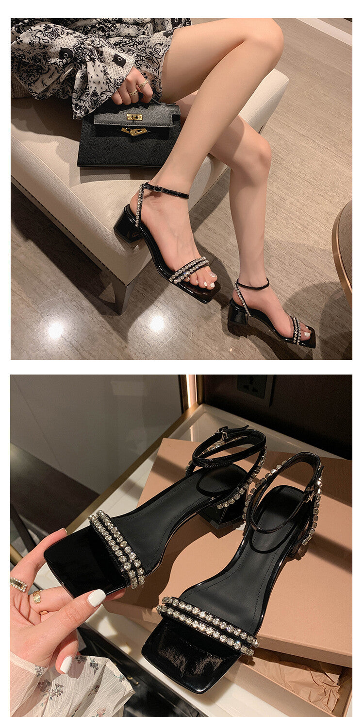 Karin Luna Classic Style   Rhinestone Strap Chunky Heel Open-Toe Sandals