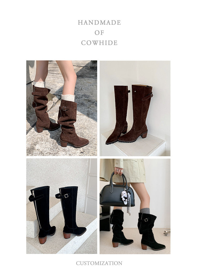 Karin Luna In Stock Spot Goods Retro Cowhide Leather Chunky Heel Suede Long Boots