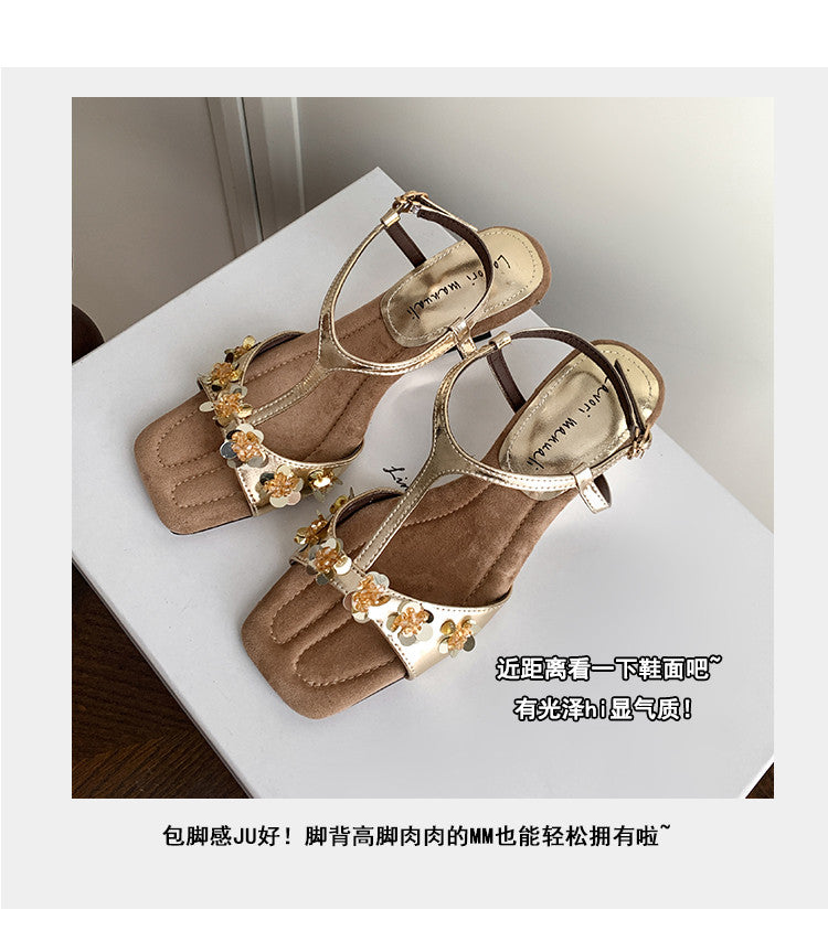 Karin Luna Hot-Selling Sequin Floral Series ~  Square Toe Irregular Heel Square Toe Sandals