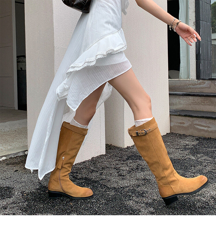 Karin Luna Chunky Heels Round Head Belt Buckle  Fashionable Suede Boots