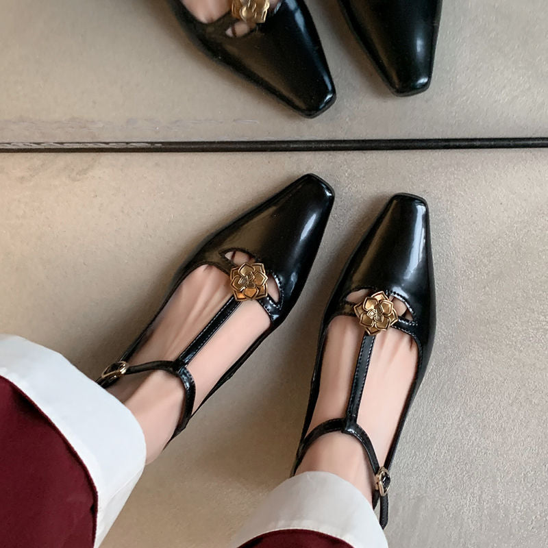 Karin Luna In Stock Spot Goods    Retro Classic Metal Camellia Irregular Heel Single Shoes