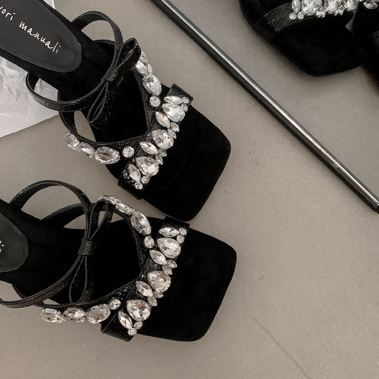 Karin Luna In Stock In Stock  Square Toe Rhinestone Bow Suede Slippers