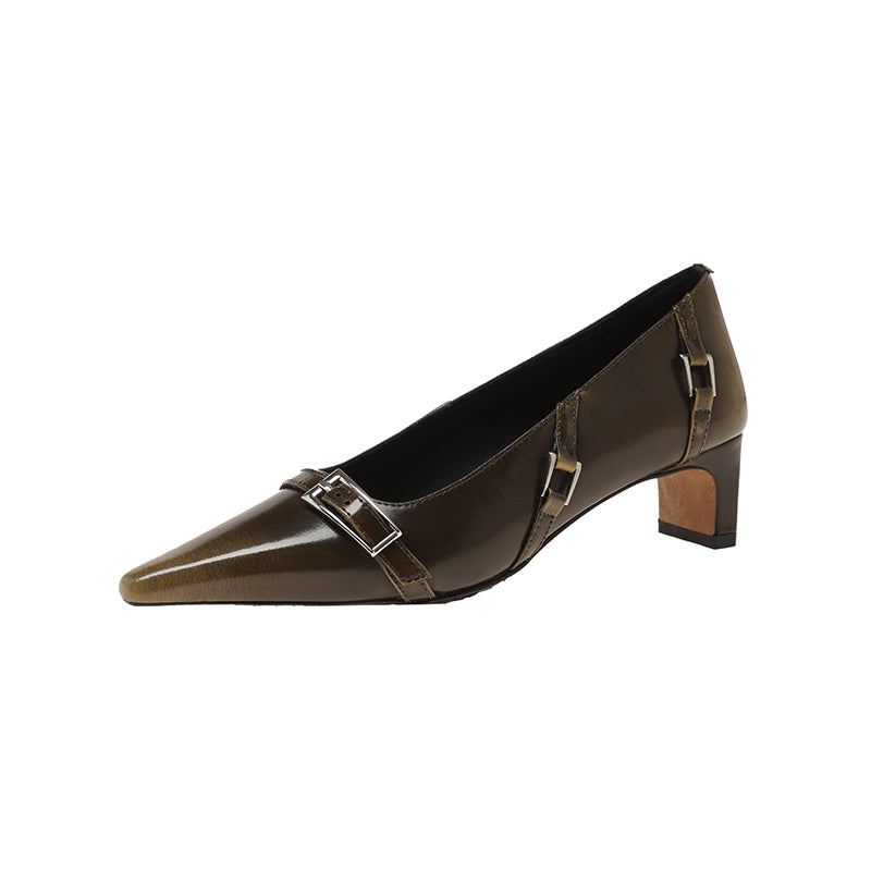 Karin Luna In Stock In Stock Retro Belt Buckle Small Square Toe Chunky Heel Single Shoes