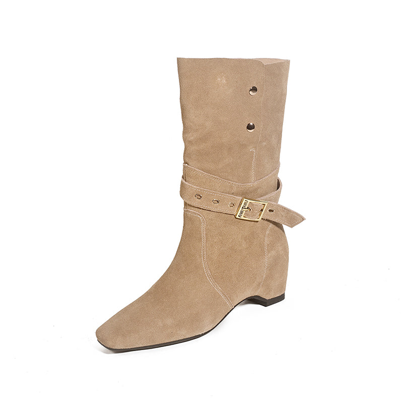Karin Luna Foldable Belt Buckle Square Toe Hidden Wedge Short Boots