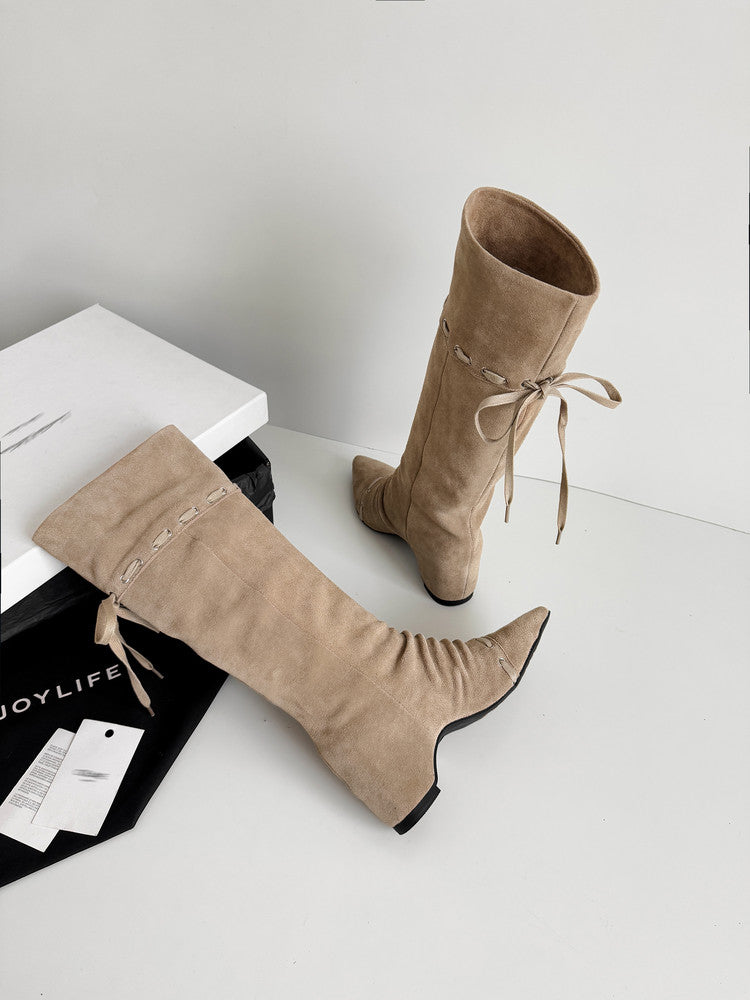 Karin Luna Elegant Style  Pointed Toe Pleated Hidden Wedge Western Boots