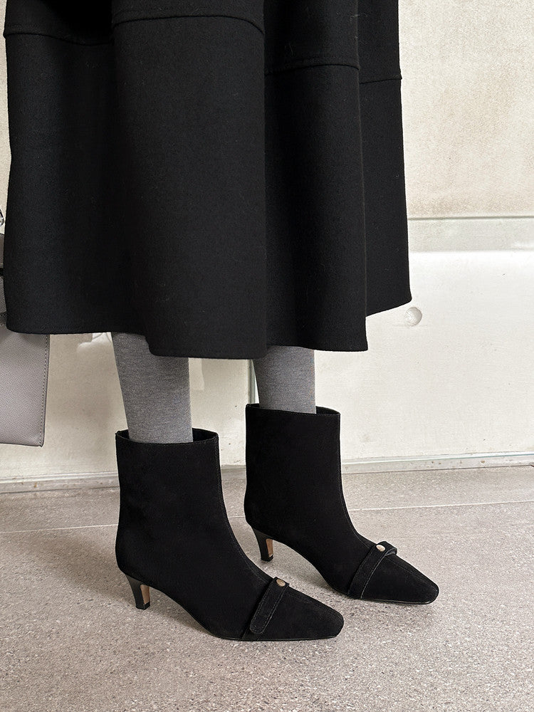 Karin Luna Elegant Style Small Square Toe Belt Buckle Thin Heel Short Boots