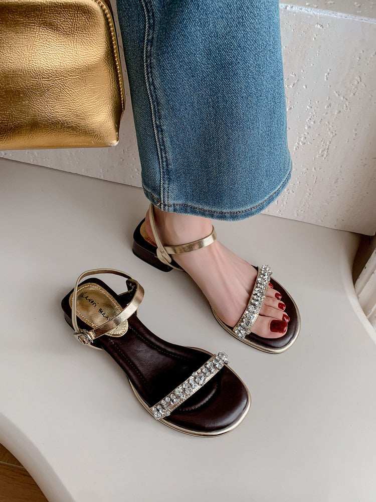 Karin Luna In Stock In Stock  Rhinestone Strap Round Toe Chunky Heel Sandals