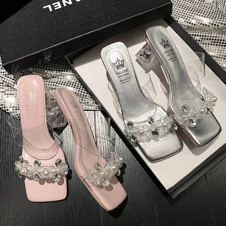 Karin Luna In Stock Spot Goods  Always in stock Square Toe Sweet Rhinestone Crystal Heel Slippers