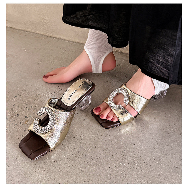 Karin Luna In Stock  Spot Goods  Large Rhinestone Square-Toed Crystal Heel Slippers