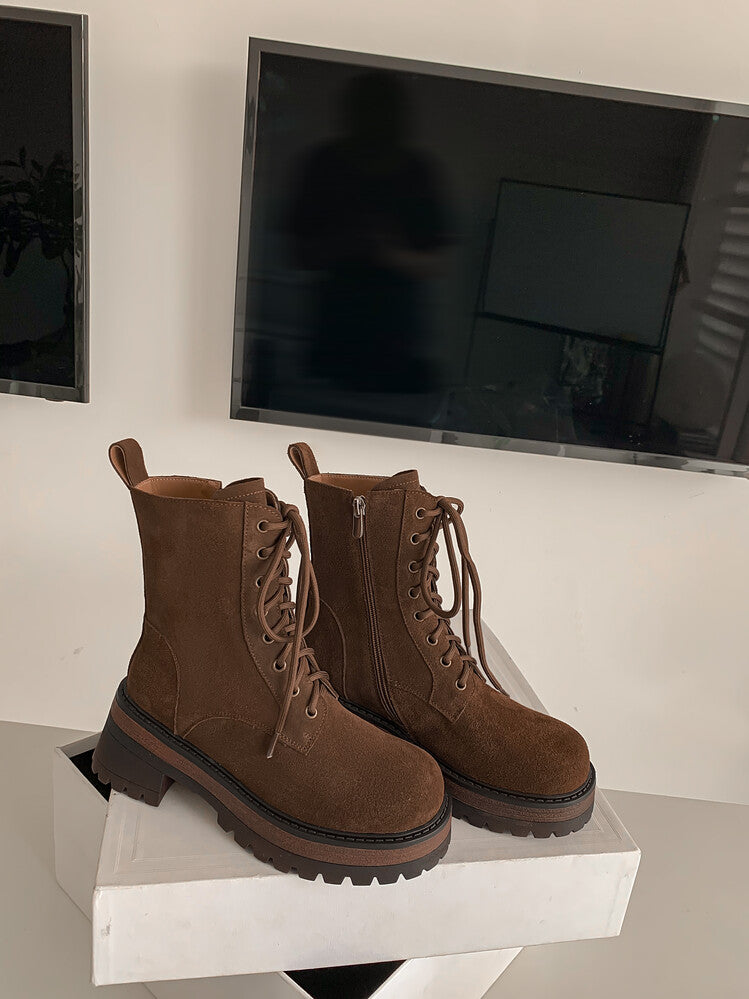 Karin Luna In Stock Spot Goods   Vintage Cowhide Leather Classic Versatile Popular Lace-up Thick Martin Boots